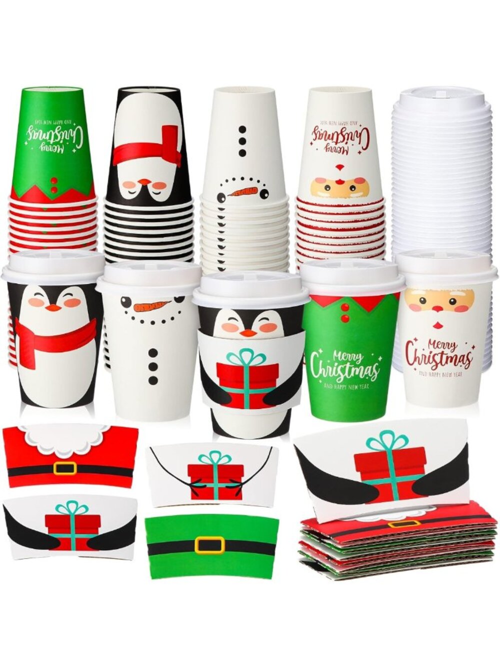 100 Pack 12 oz Insulated Christmas Coffee Cups with Lids & Sleeves - Party